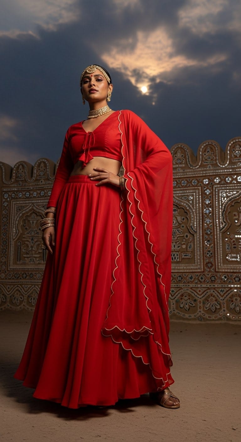 Organza red Navratri outfit for Brahmacharini Puja on September 23, 2025; crisp, airy sheer with statement volume and minimal weight