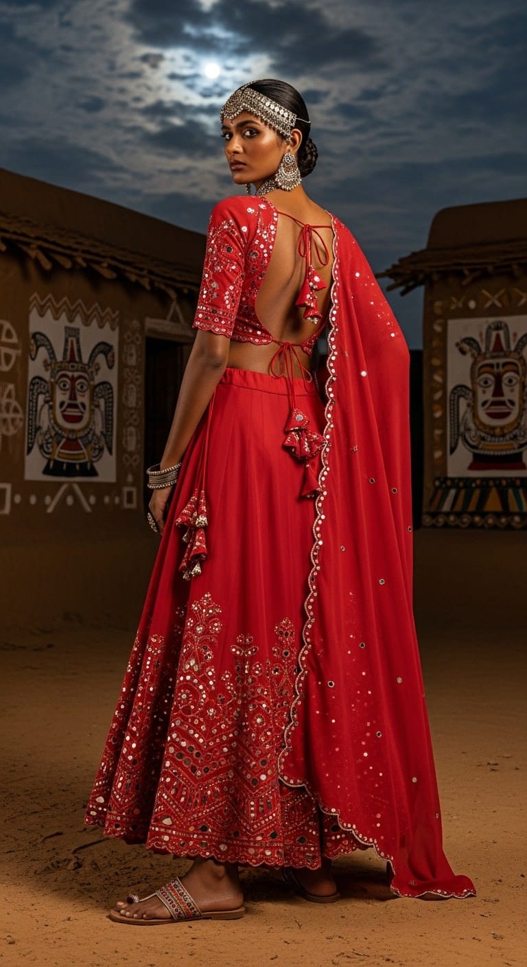 Raw Silk red Navratri outfit for Brahmacharini Puja on September 23, 2025; subtle slub texture with body and controlled shine
