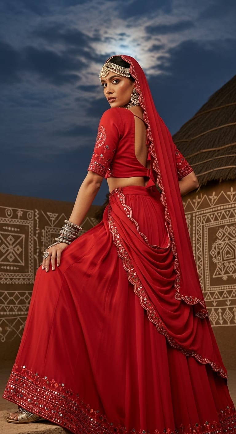 Satin red Navratri outfit for Brahmacharini Puja on September 23, 2025; high-gloss finish and smooth glide that photographs brilliantly at night