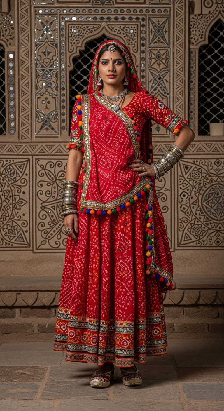 Satin Organza red Navratri outfit for Brahmacharini Puja on September 23, 2025; structured flare with a sleek, lustrous face