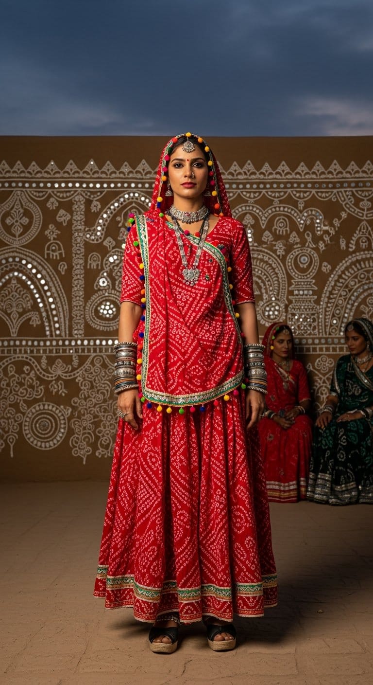 Satin Silk red Navratri outfit for Brahmacharini Puja on September 23, 2025; buttery silk core with satin face for mirror-like shine