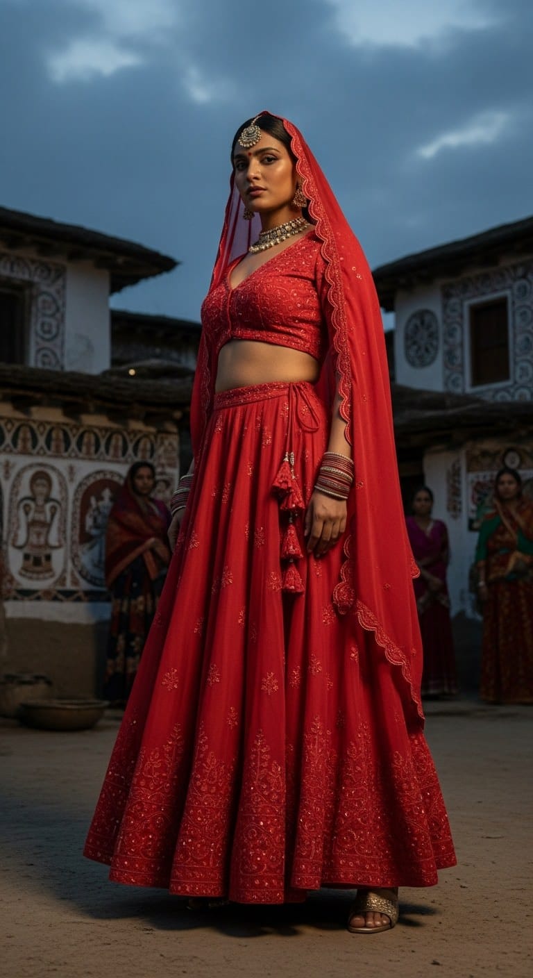 Silk red Navratri outfit for Brahmacharini Puja on September 23, 2025; natural sheen with a regal fall perfect for temple-to-dance transitions