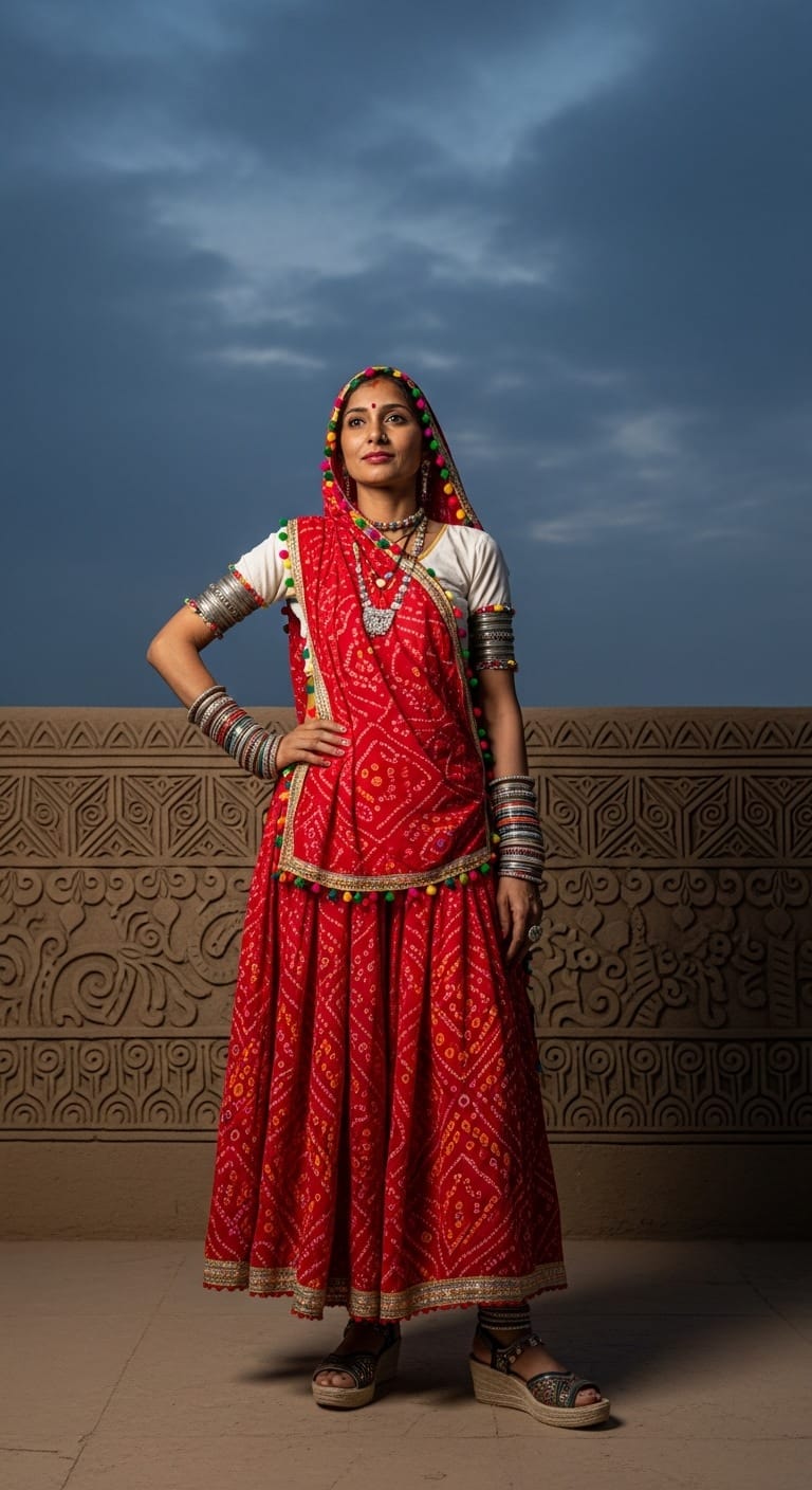 Tissue Organza red Navratri outfit for Brahmacharini Puja on September 23, 2025; gossamer-light organza with metallic twinkle
