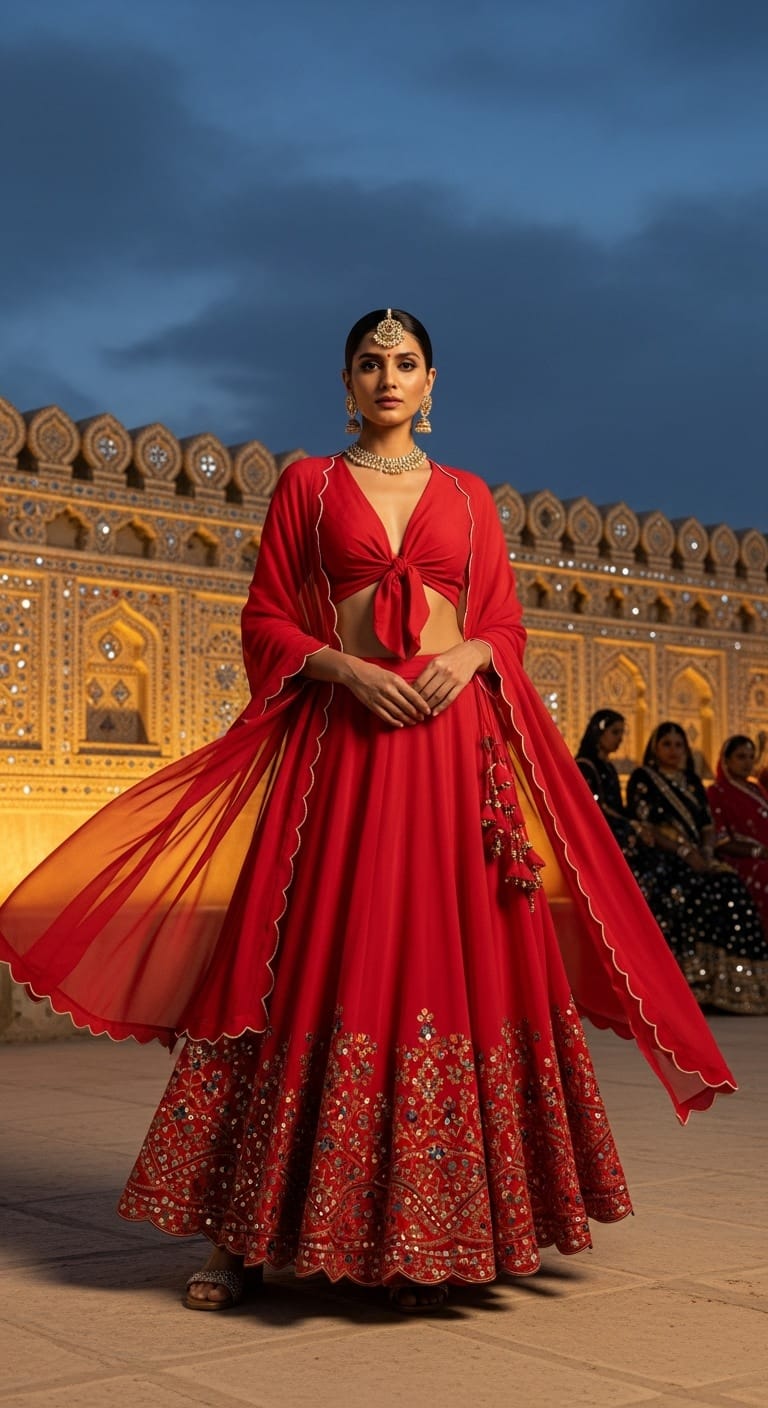 Tussar Silk red Navratri outfit for Brahmacharini Puja on September 23, 2025; organic glow with slightly textured hand