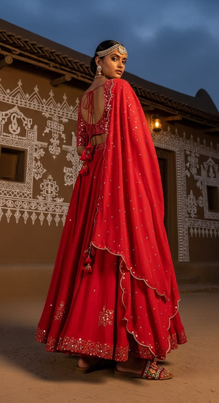 Velvet red Navratri outfit for Brahmacharini Puja on September 23, 2025; plush depth with rich color saturation for evening glam