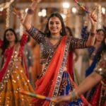 Navratri lookbook with lightweight lehenga, mirror belt, and organza dupatta