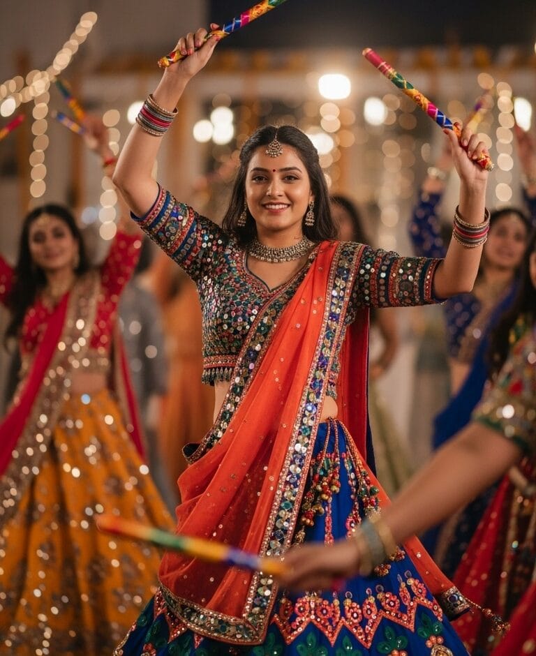 Navratri lookbook with lightweight lehenga, mirror belt, and organza dupatta