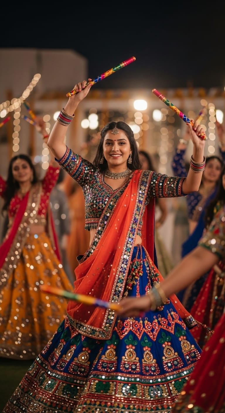 Navratri lookbook with lightweight lehenga, mirror belt, and organza dupatta