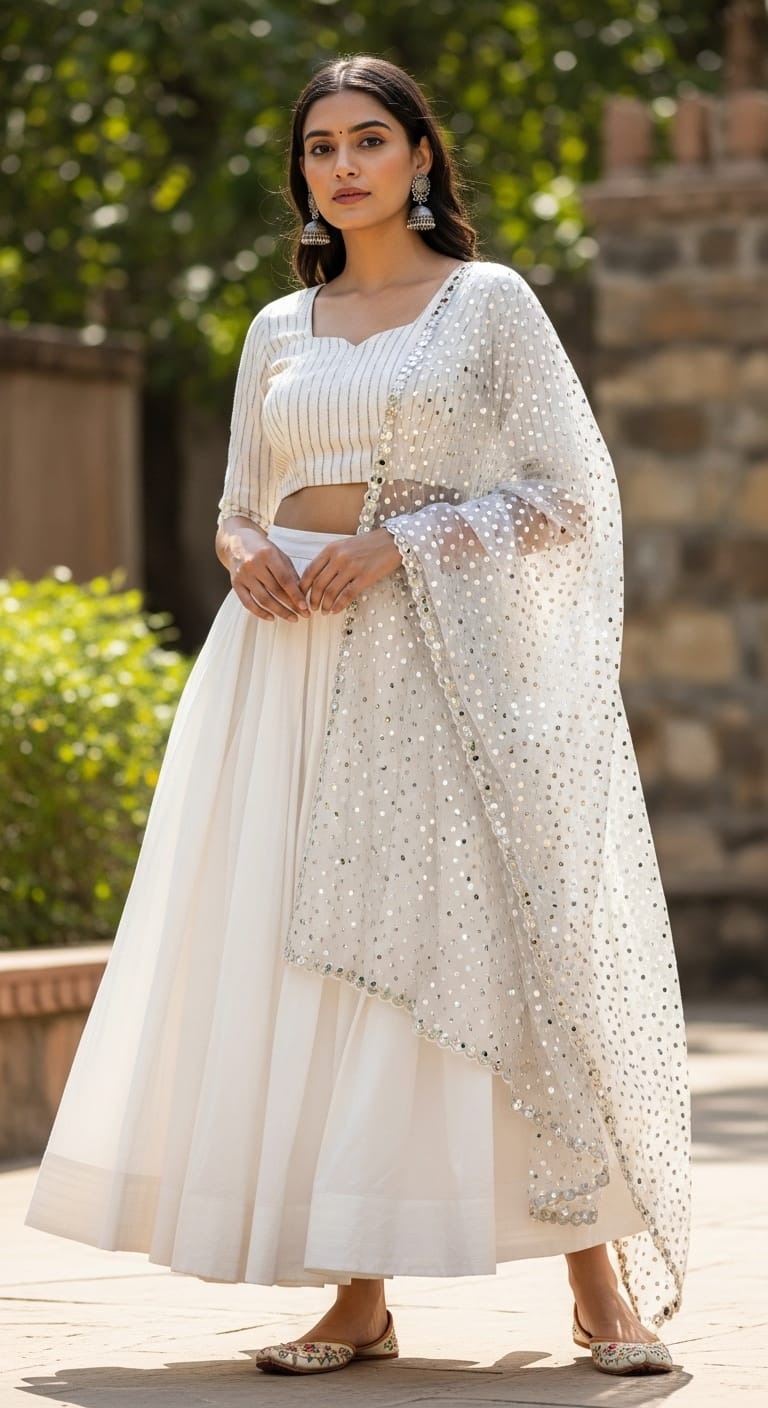 Woman in flowy white anarkali suit with dupatta