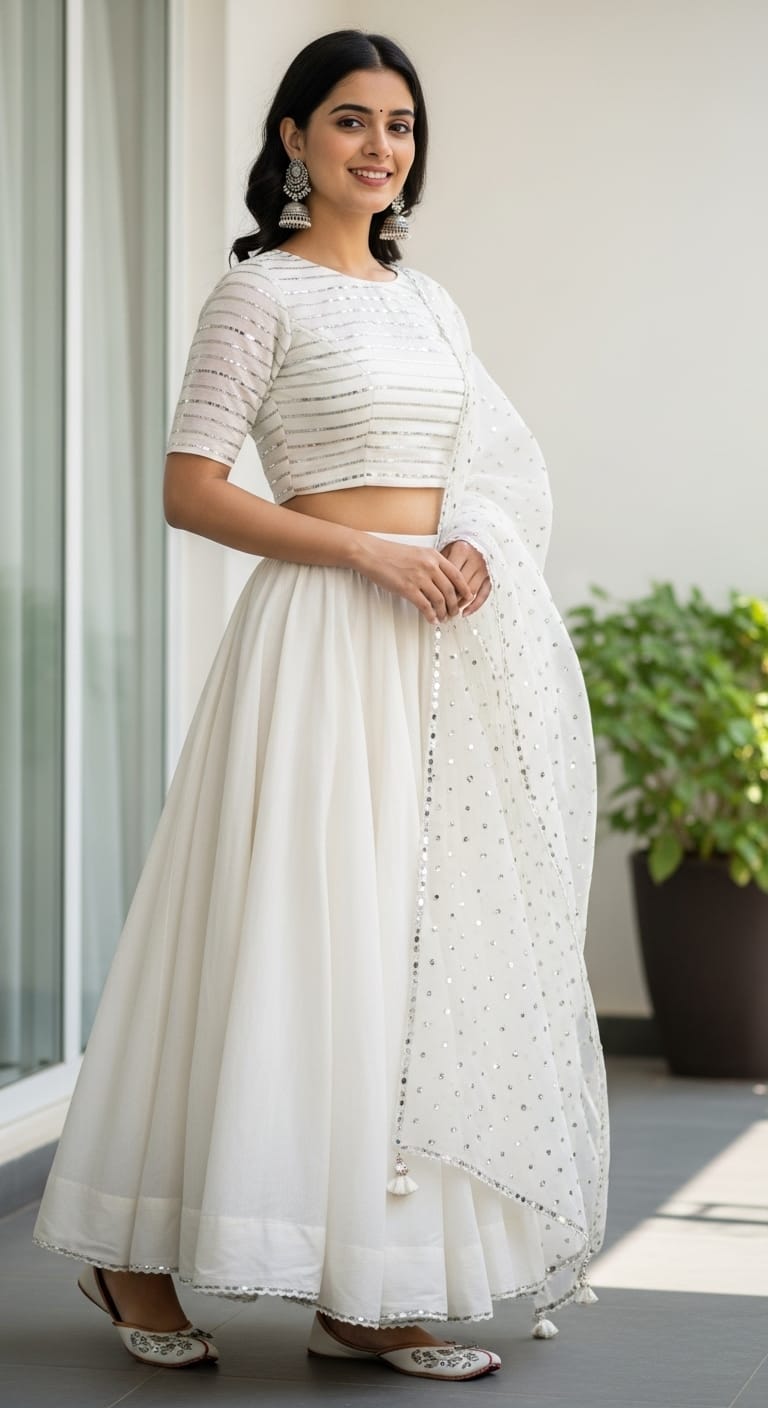 Woman in white chikankari saree for Shailputri Puja