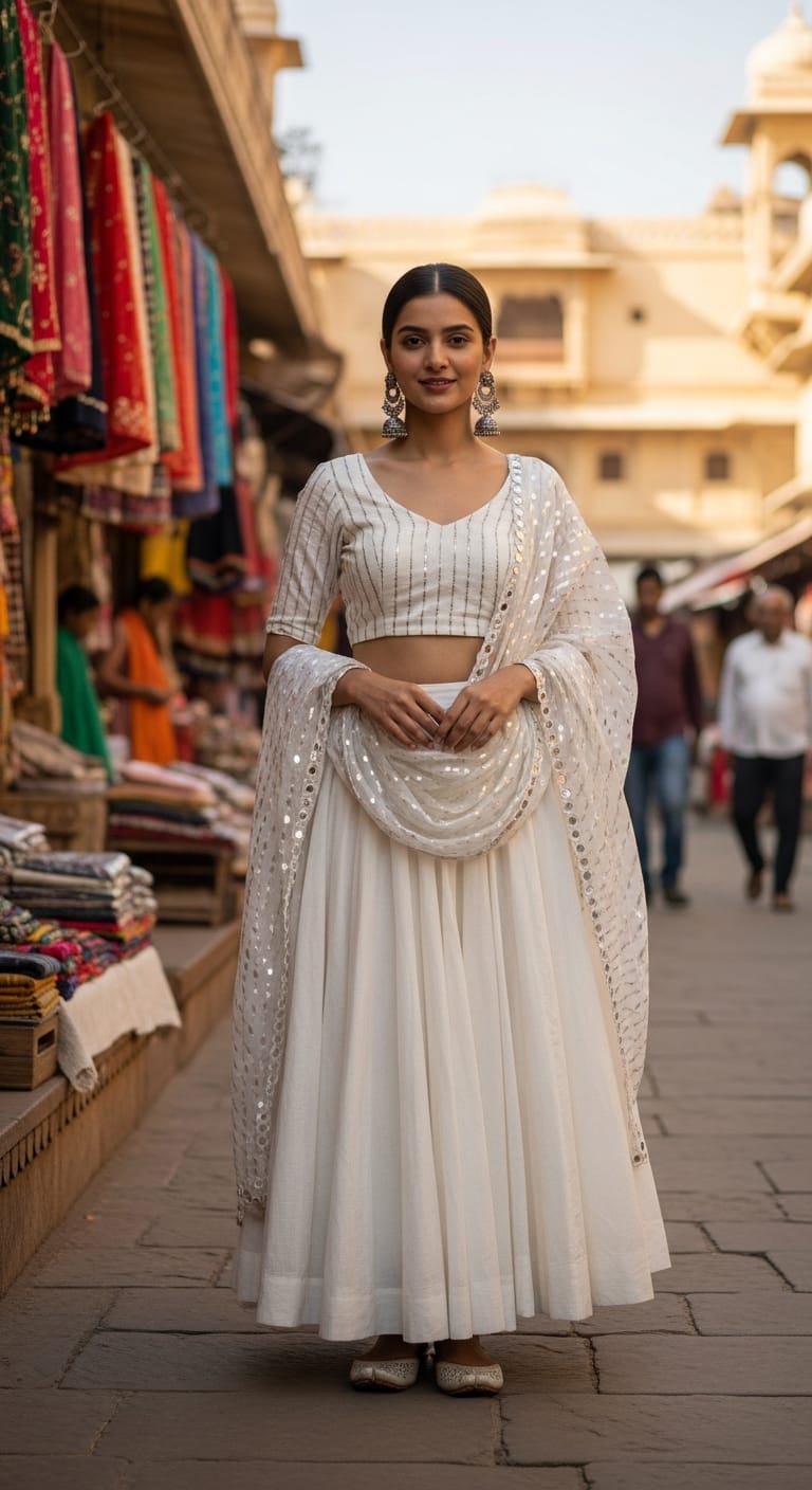 Embroidered white lehenga for Navratri puja