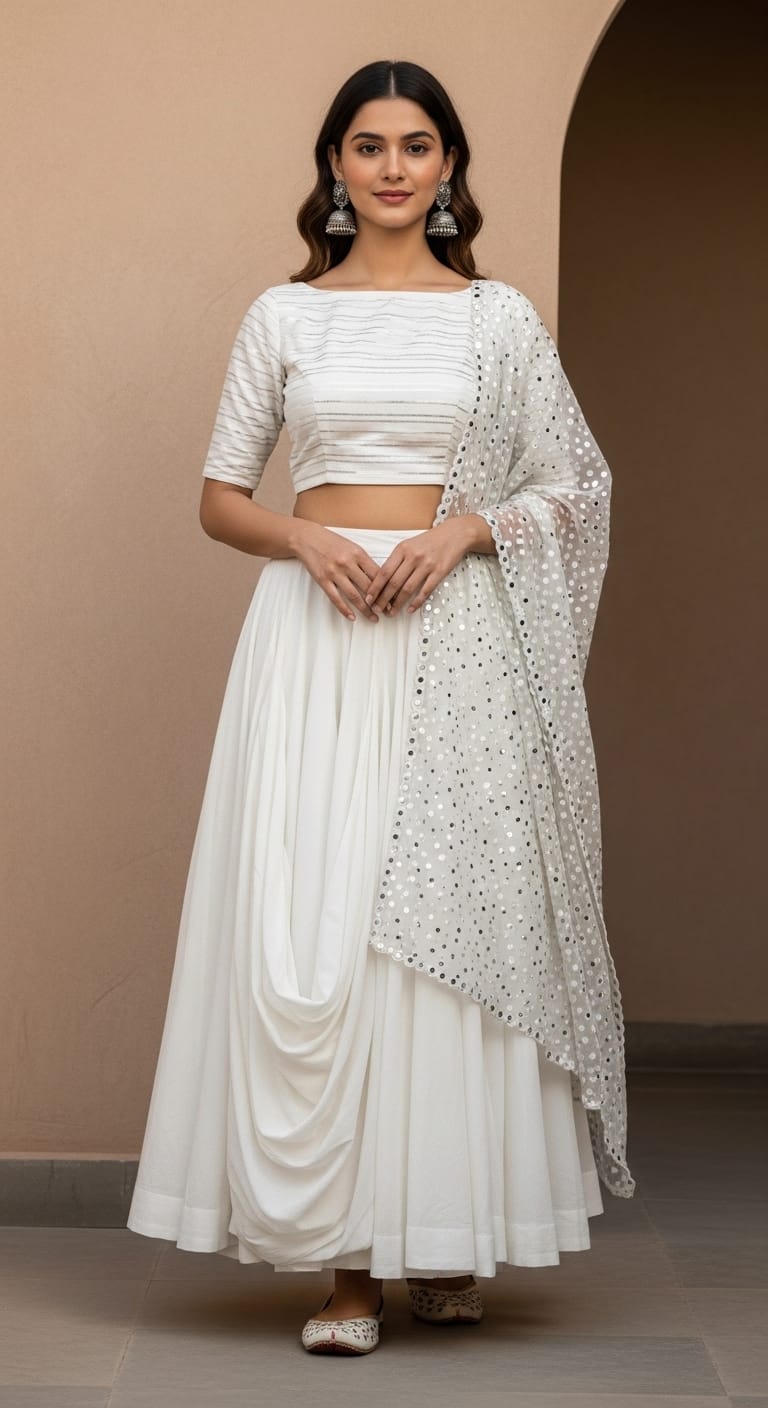 Indo-western white gown styled for Navratri Garba