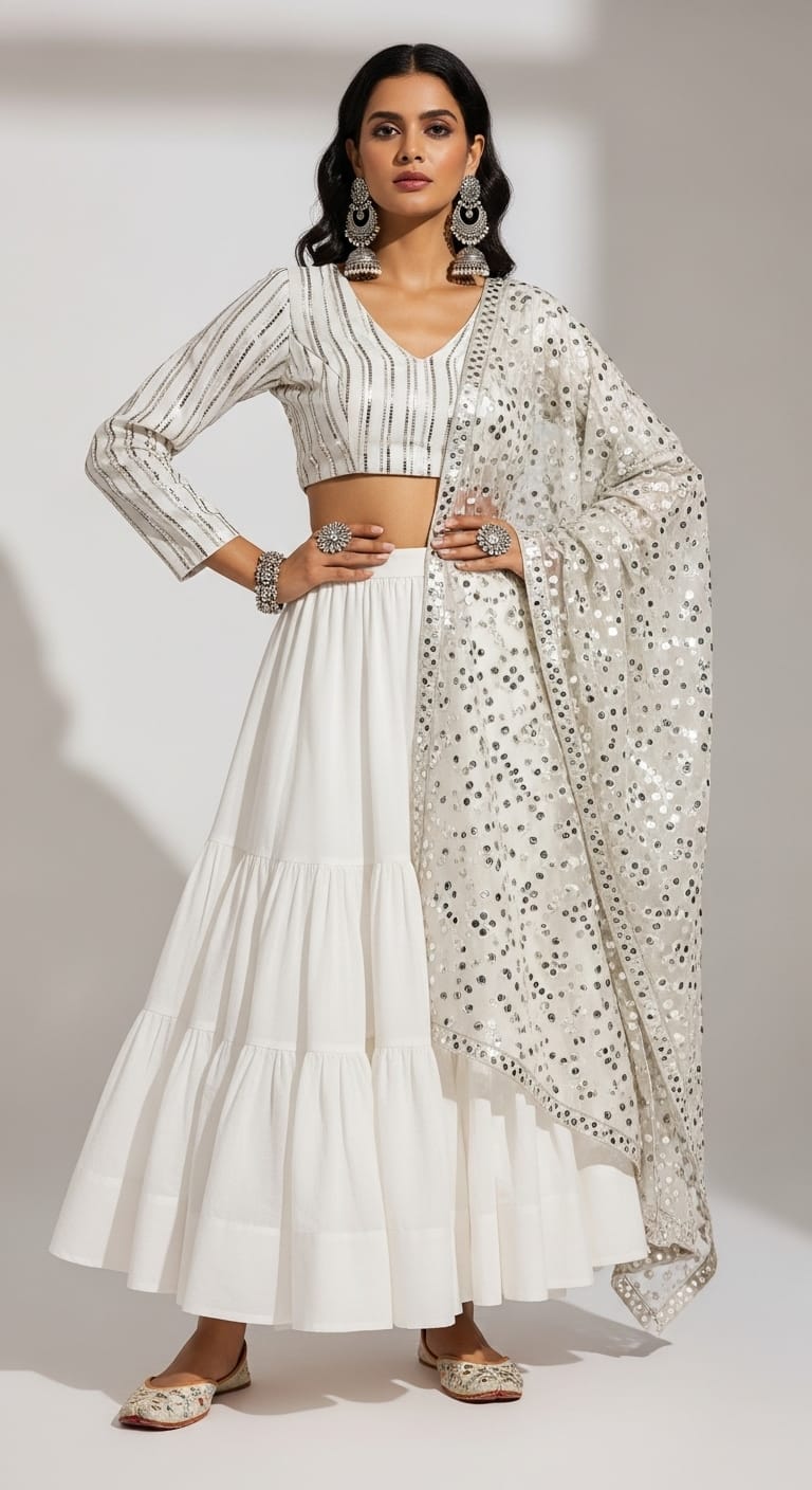 Princess-style white gown for women styled for Navratri