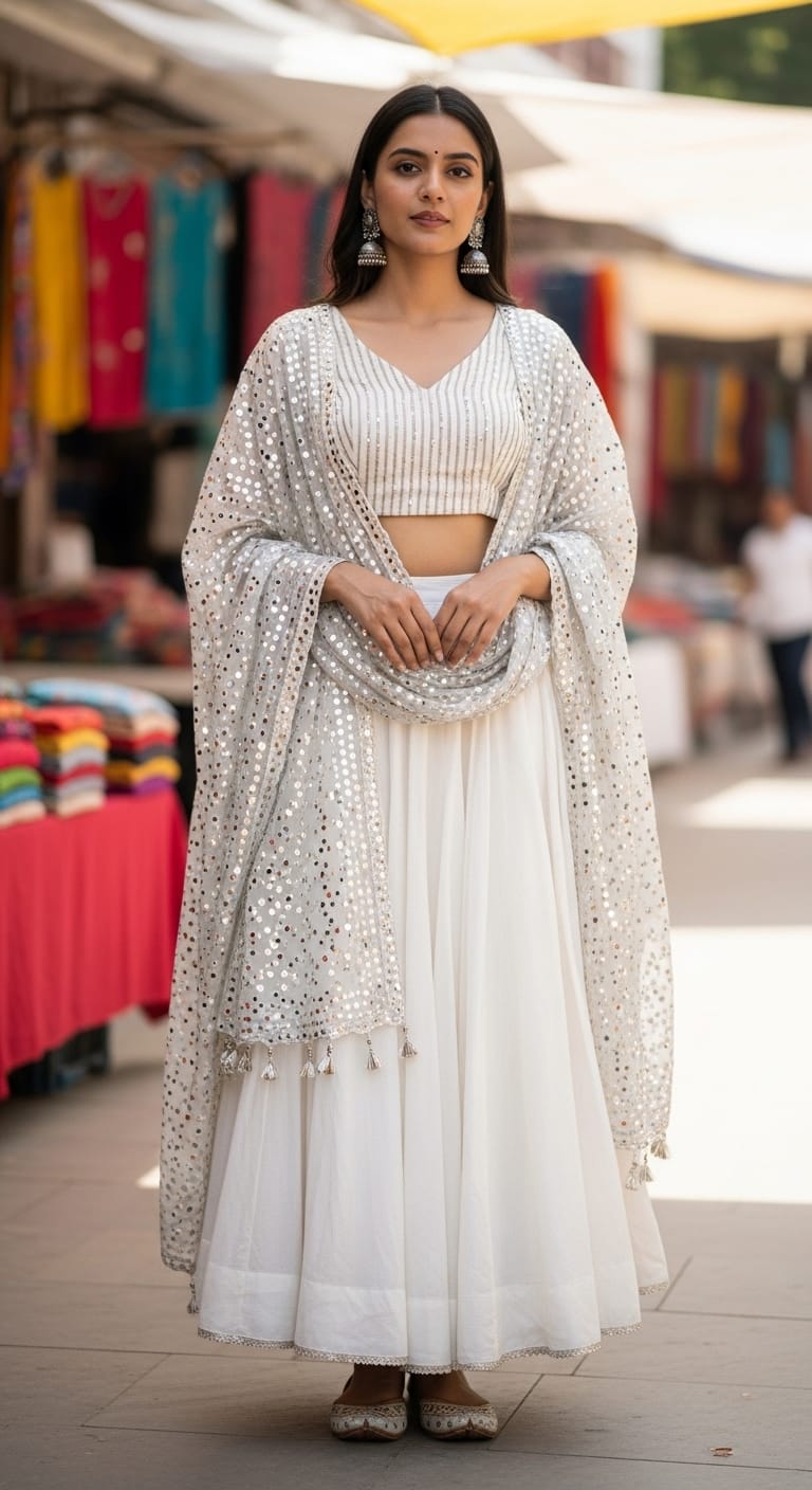 White sequin gown styled for Navratri garba night