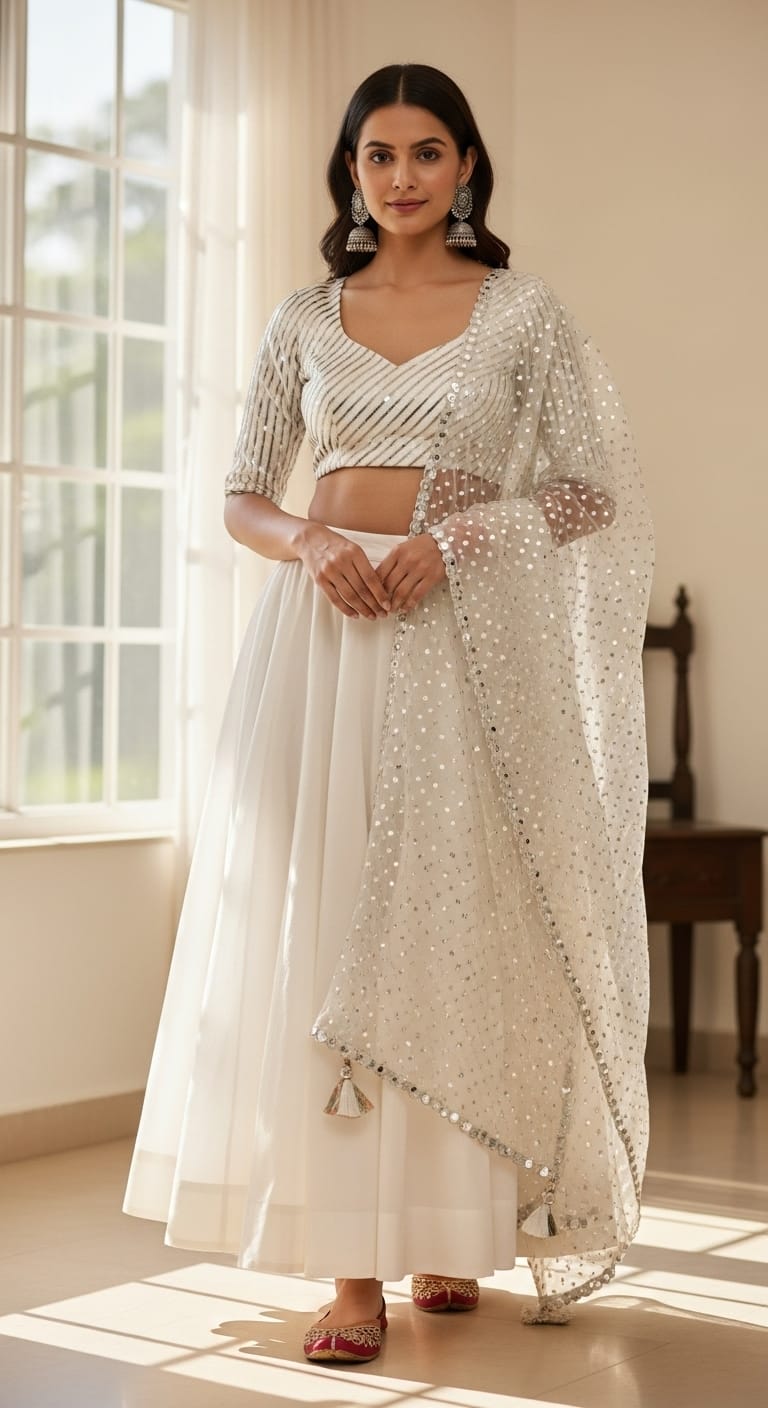White mirror-work lehenga for Navratri Garba