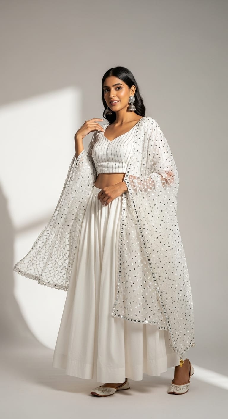 White organza saree with pearl blouse for Navratri Day 1