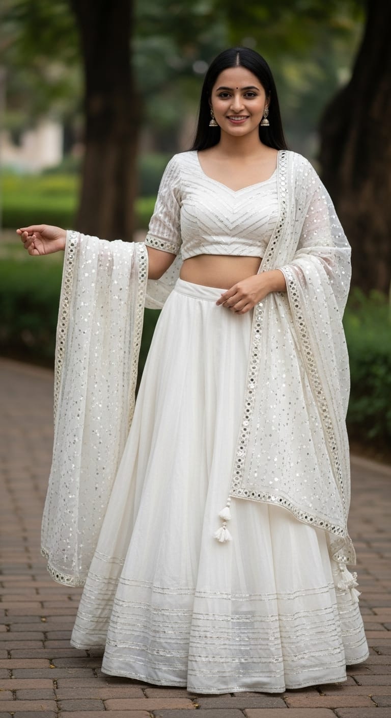 White paithani saree with pearl nose ring