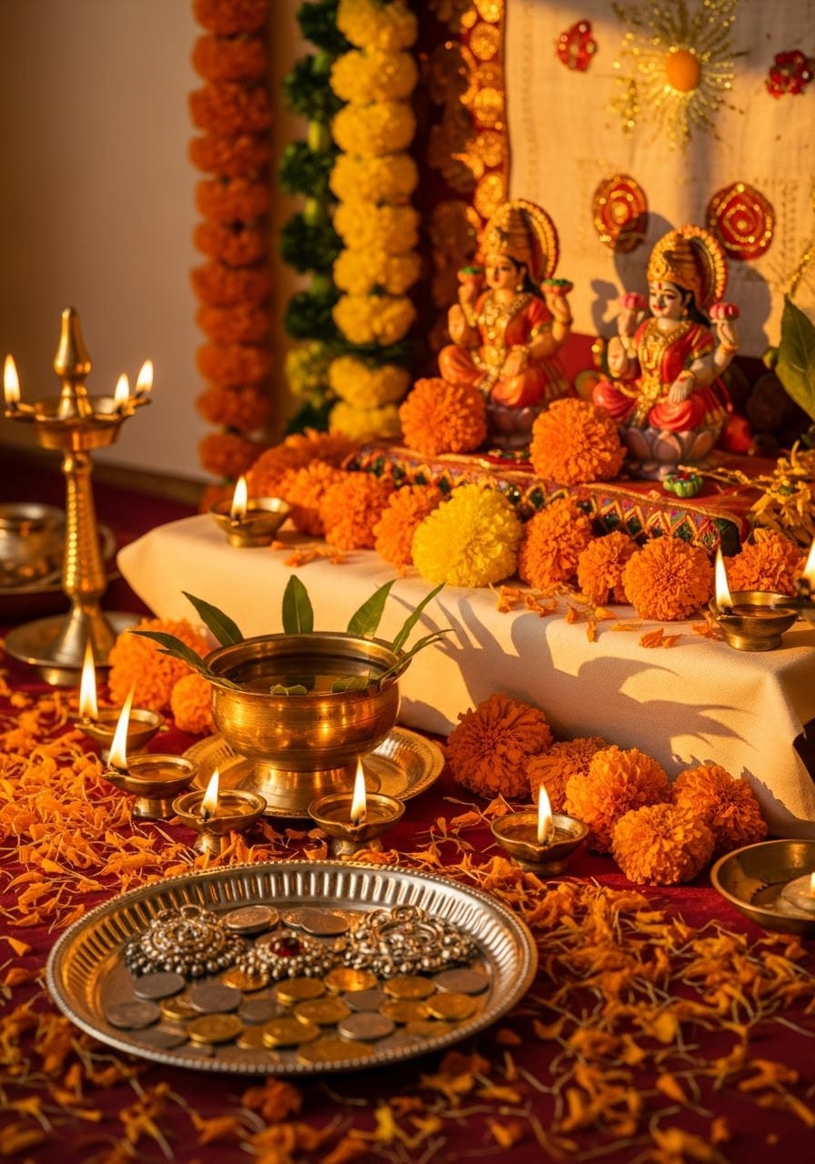 Dhanteras puja setup with Lakshmi Kuber idols, gold coins and glowing diyas