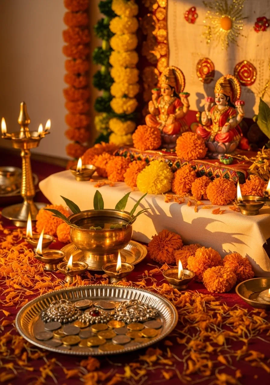 Dhanteras puja setup with Lakshmi Kuber idols, gold coins and glowing diyas