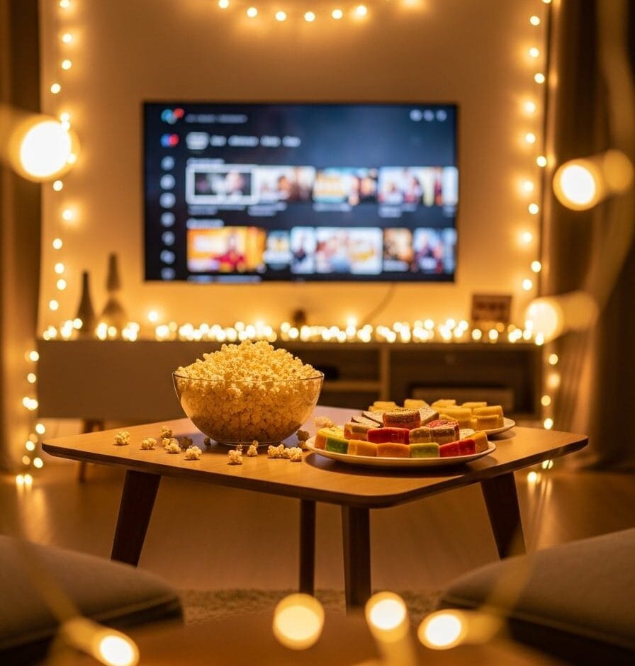 Hot Diwali binge guide with festive lights and OTT streaming setup