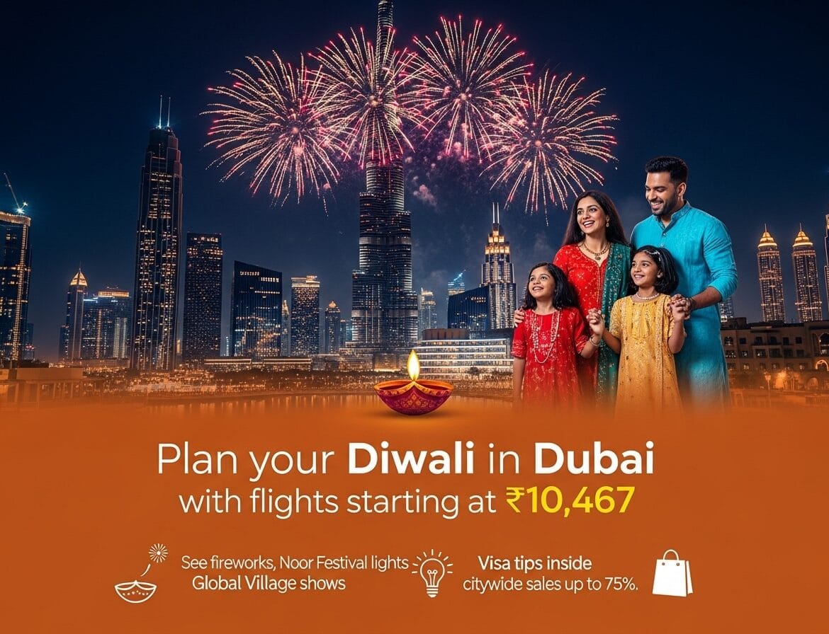 Dubai skyline and fireworks during Diwali with limited-time flight offer from ₹10,467