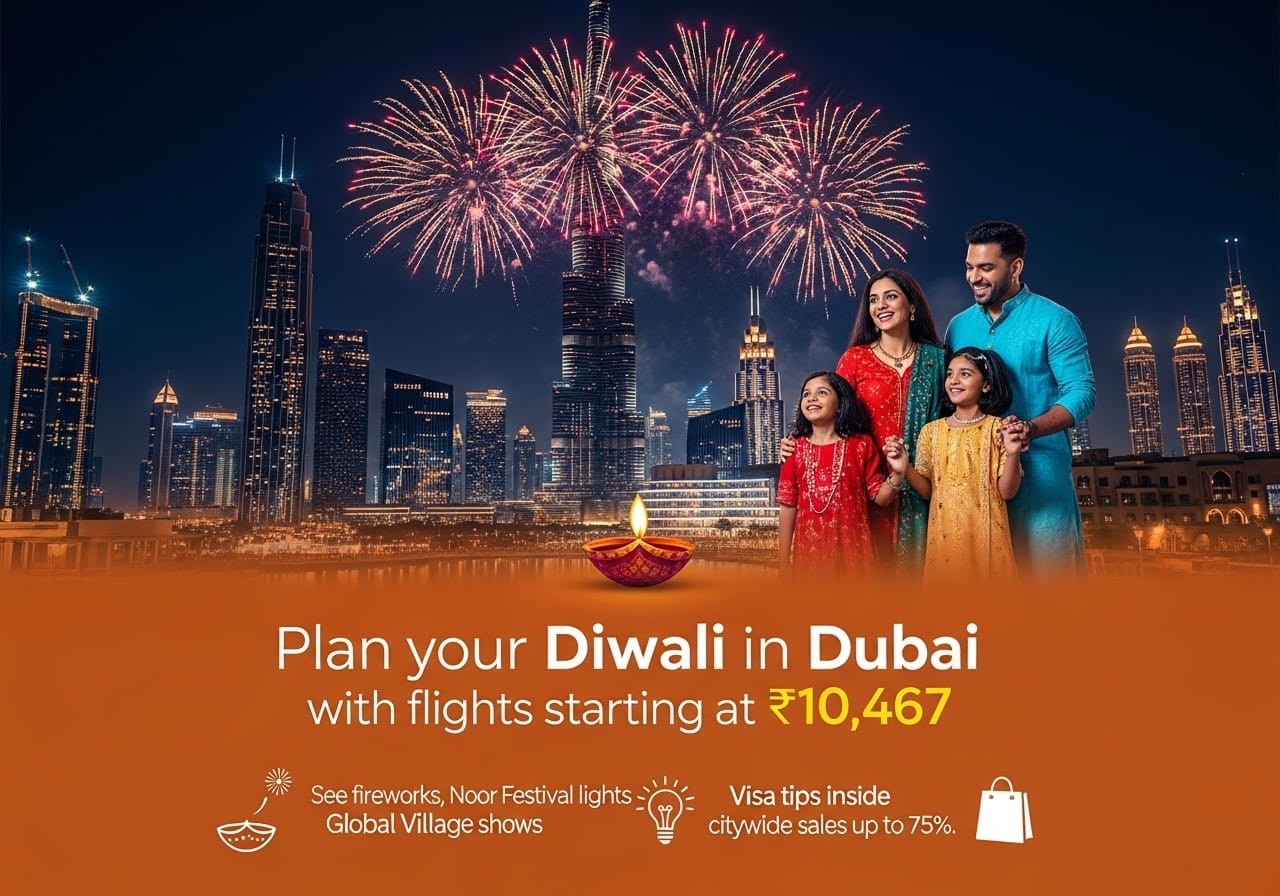 Dubai skyline and fireworks during Diwali with limited-time flight offer from ₹10,467