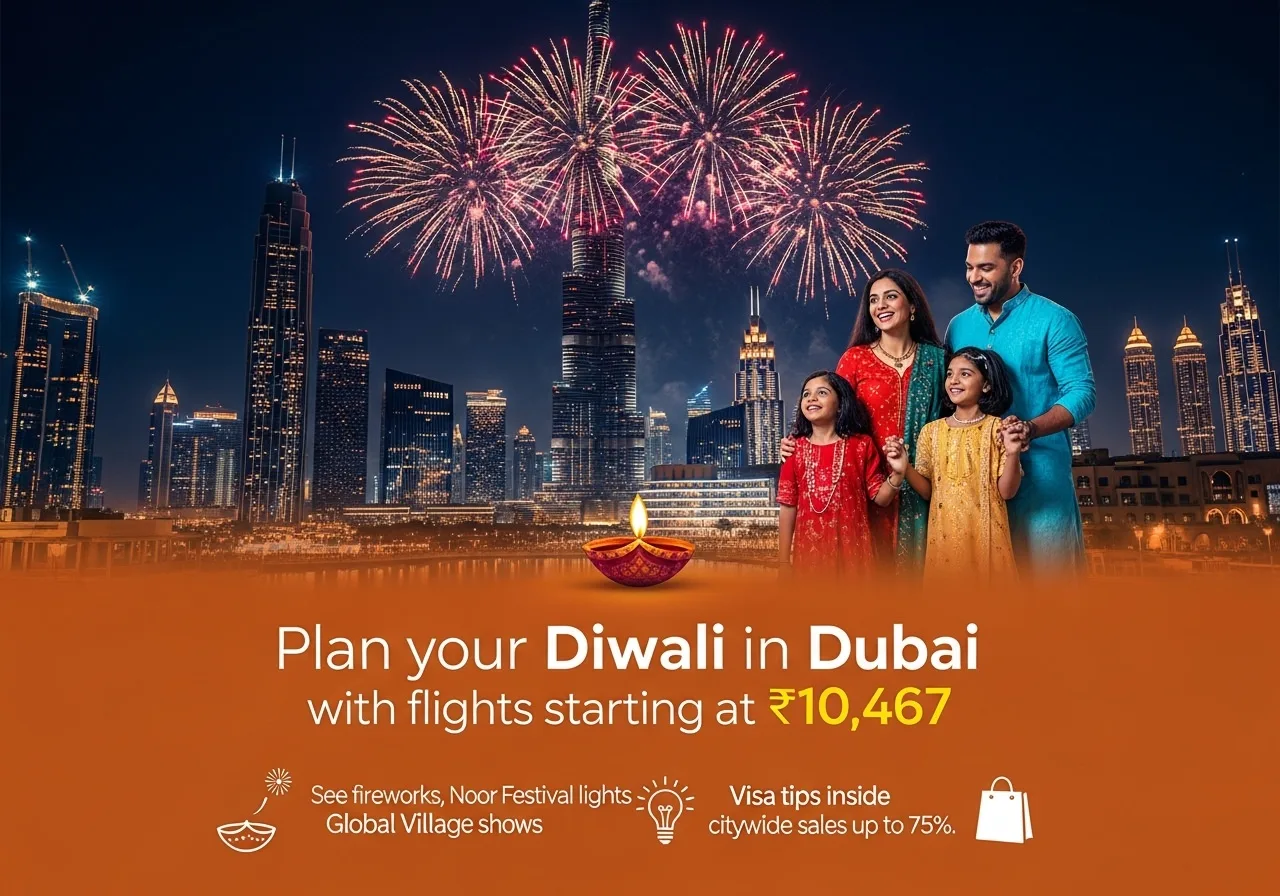 Dubai skyline and fireworks during Diwali with limited-time flight offer from ₹10,467