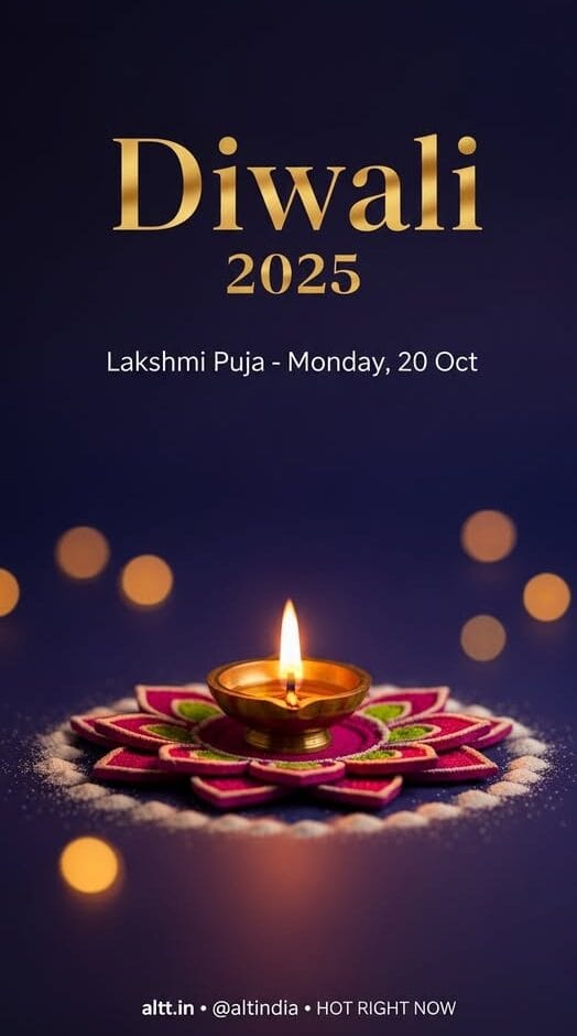 Traditional diyas glowing around a vibrant rangoli for Lakshmi Puja