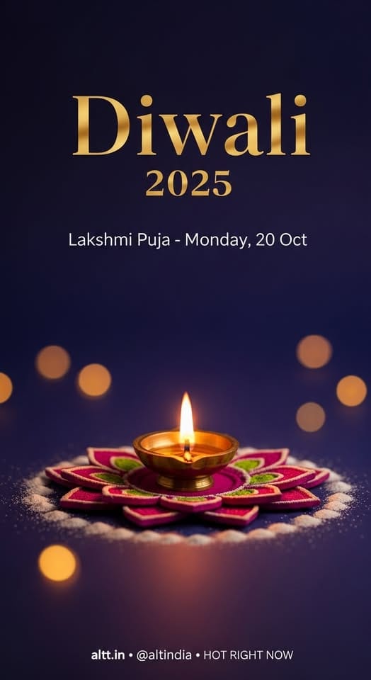 Traditional diyas glowing around a vibrant rangoli for Lakshmi Puja