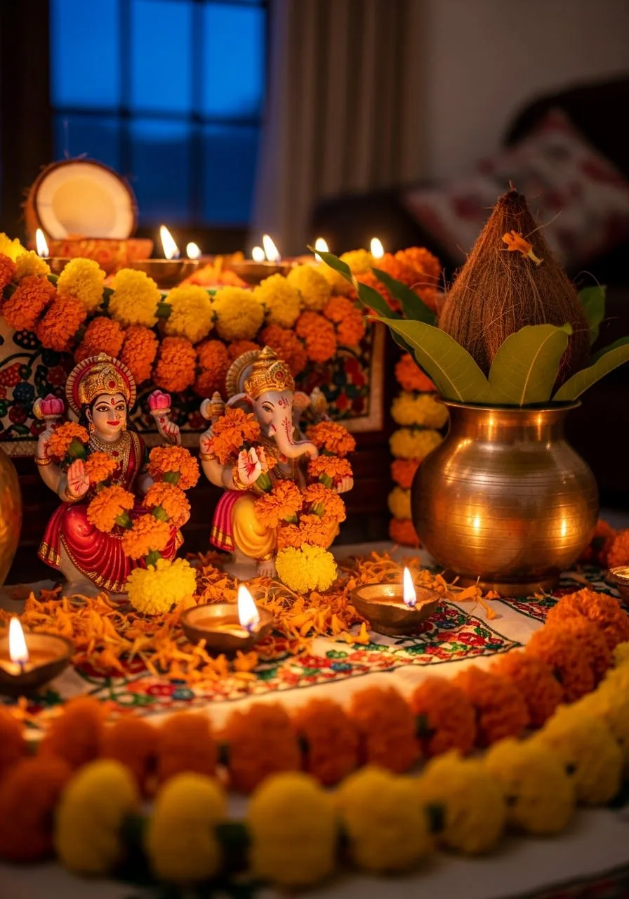 Lakshmi Puja at home with lit diyas during Pradosh Kaal on Diwali night