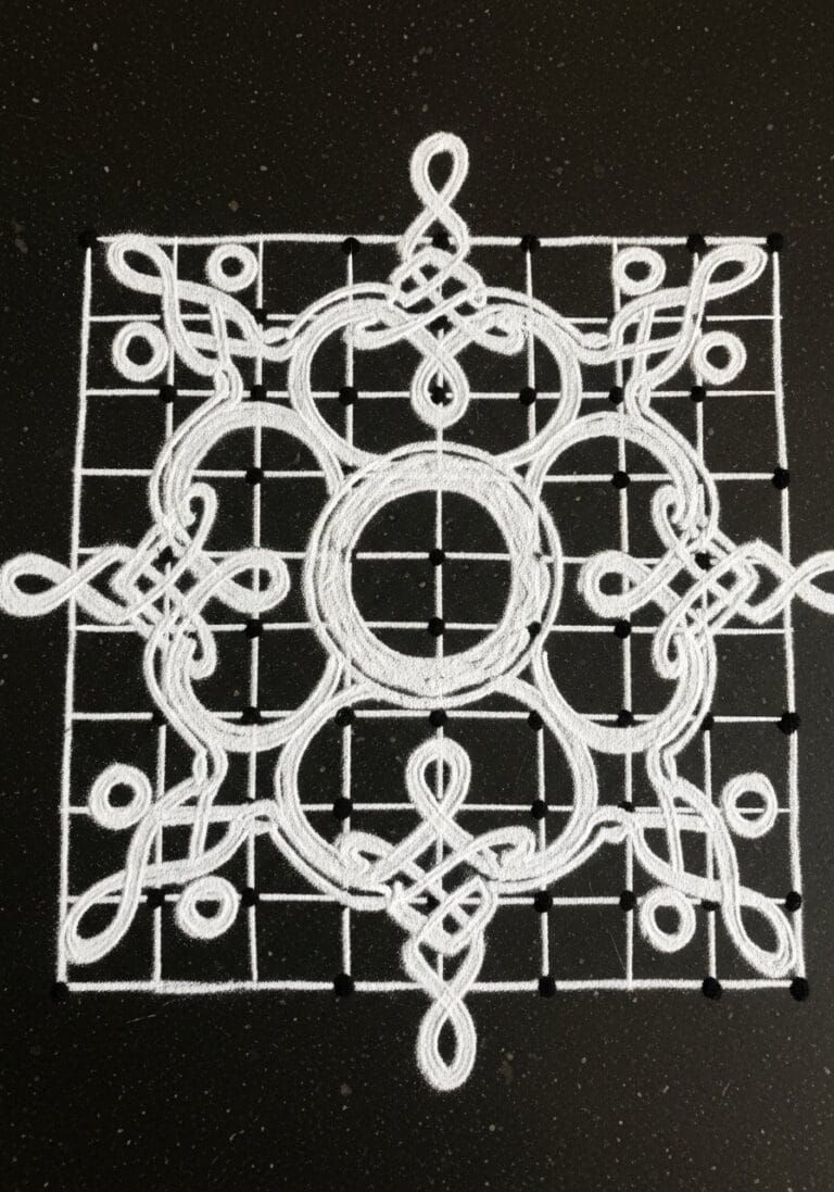 Classic pulli-kolam symmetry drawn at dawn with 4x4 grid