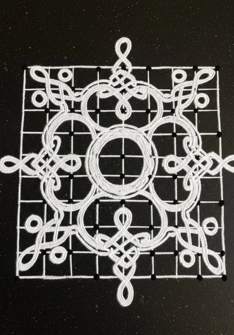 Classic pulli-kolam symmetry drawn at dawn with 4x4 grid