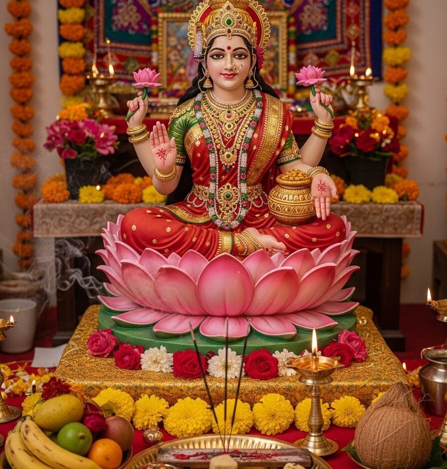 Lakshmi Puja 2025 | diyas and lotus with evening Pradosh muhurat ambiance