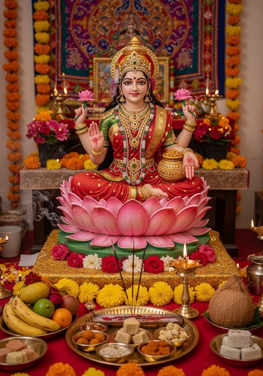 Lakshmi Puja 2025 | diyas and lotus with evening Pradosh muhurat ambiance