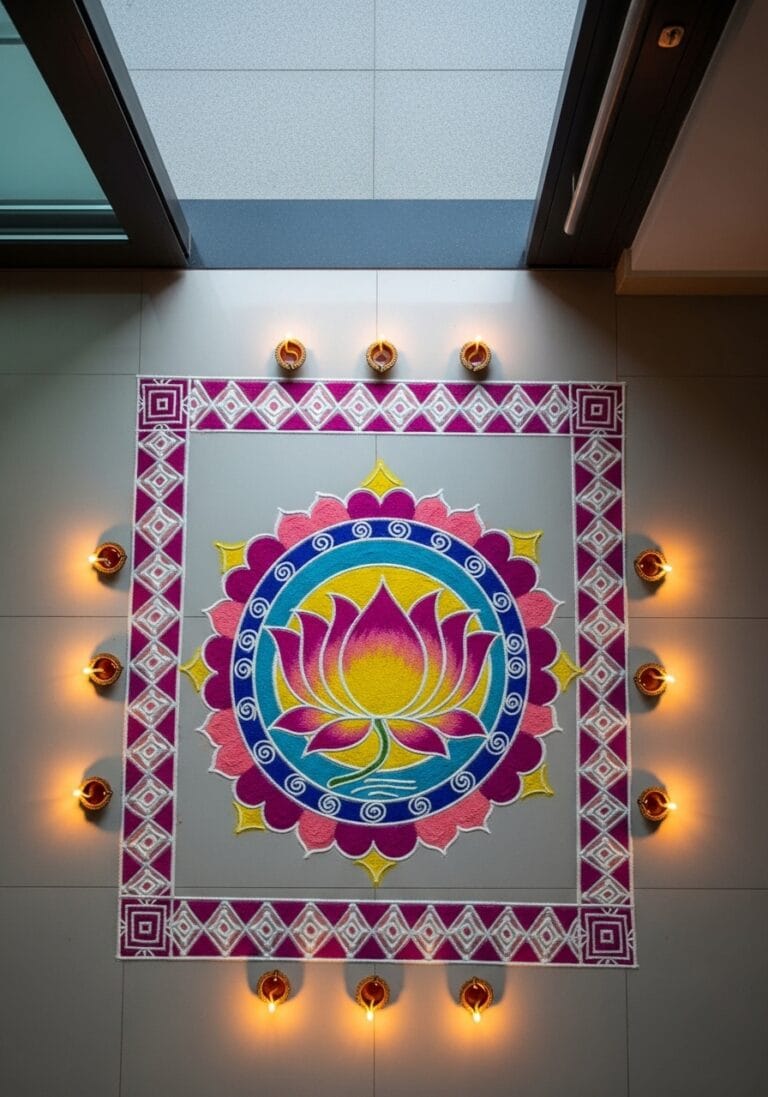 Minimal lotus rangoli at doorway with soft glow squarish border for perfect fit into any areas