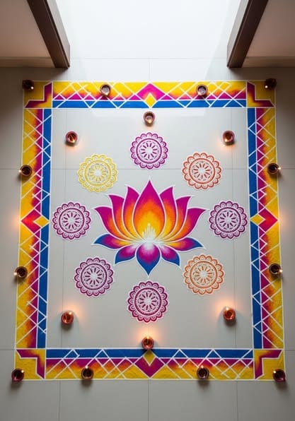 lotus rangoli at doorway with multi color theme in indian style