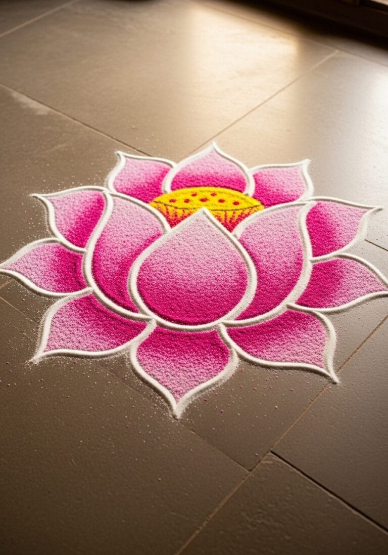 Minimal lotus rangoli at doorway with soft glow