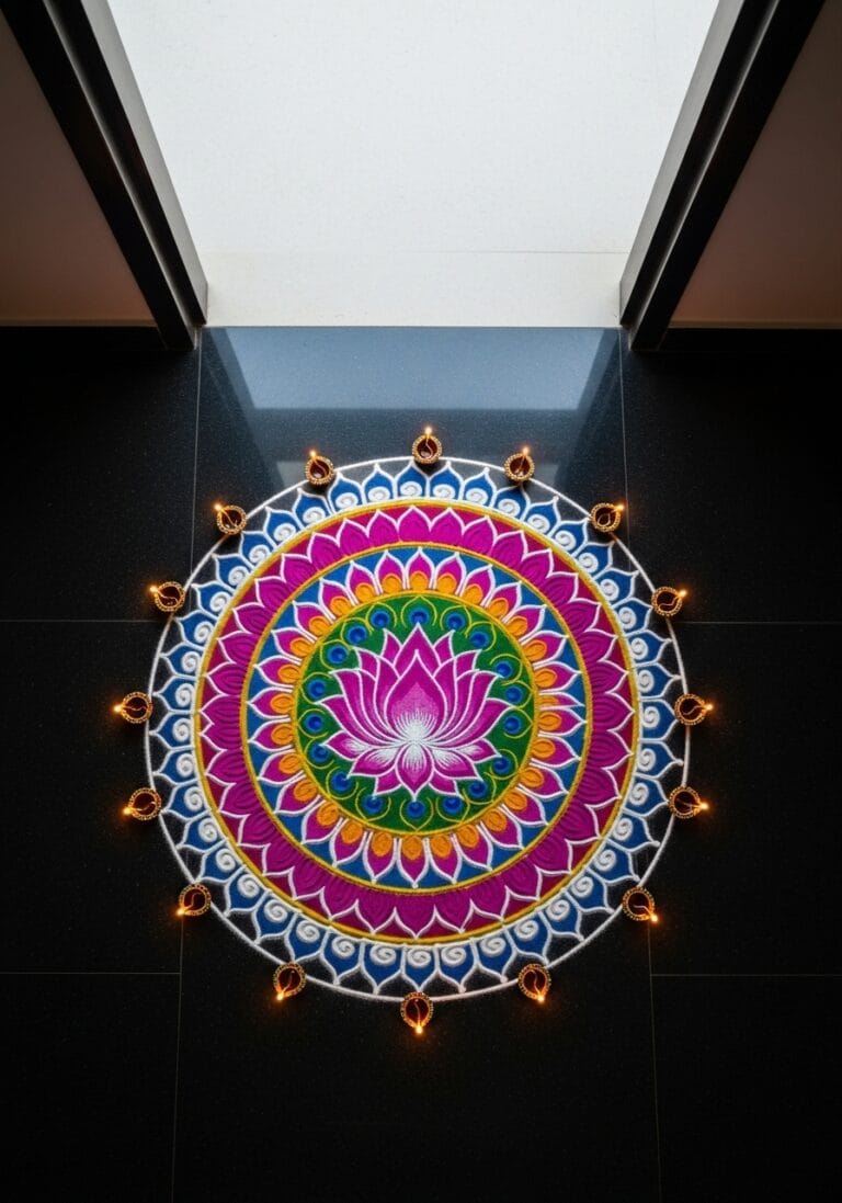 Minimal lotus rangoli at doorway with soft glow with mandala art