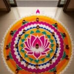 Vibrant lotus rangoli at a modern doorway with diyas and geometric kolam border