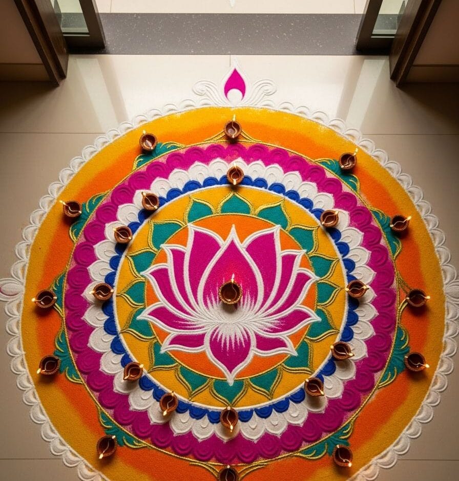 Vibrant lotus rangoli at a modern doorway with diyas and geometric kolam border