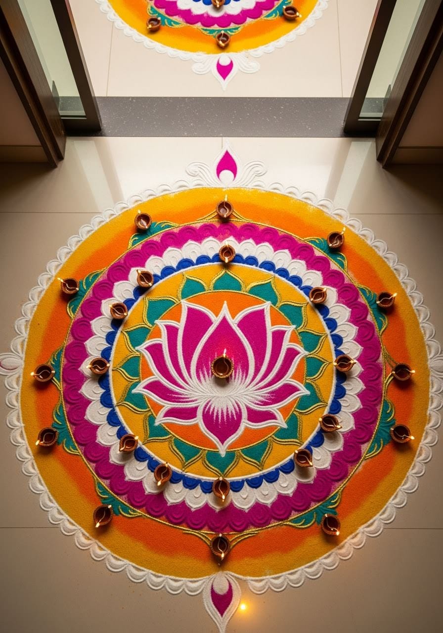 Vibrant lotus rangoli at a modern doorway with diyas and geometric kolam border