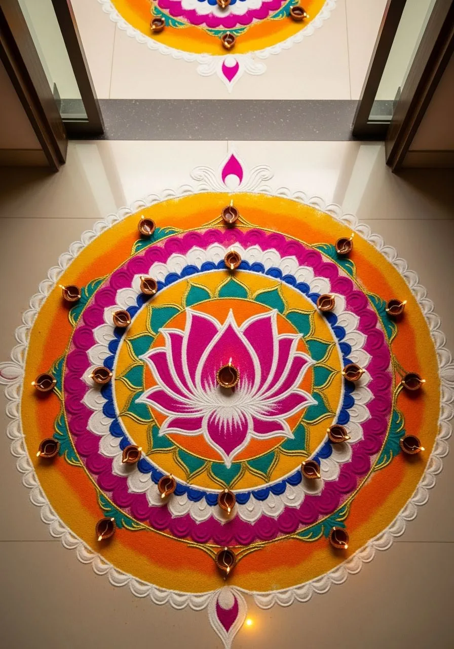 Vibrant lotus rangoli at a modern doorway with diyas and geometric kolam border