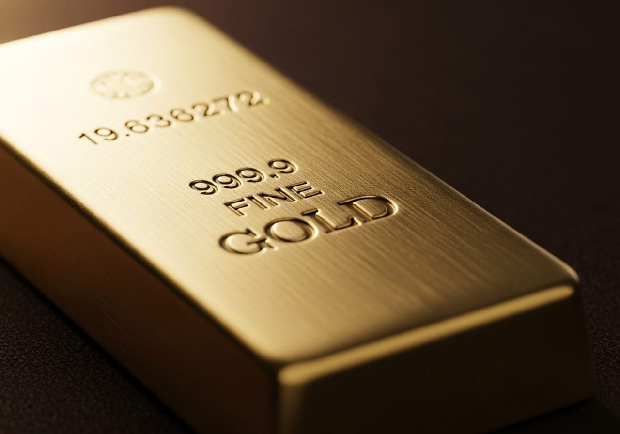 Stacks of gold bars with rising price chart in background