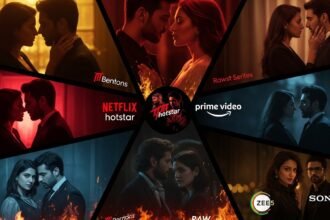 collage featuring intense, passionate characters from 2026 hot web series on Netflix, Prime Video, Hotstar, ZEE5, and SonyLIV, with fiery red lighting, sultry poses, and shadowy thriller elements evoking desire and suspense.