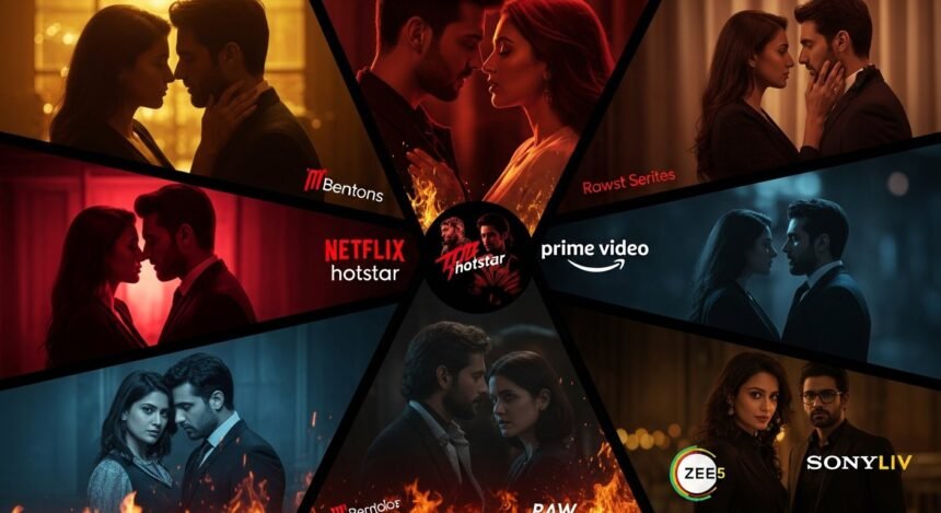 collage featuring intense, passionate characters from 2026 hot web series on Netflix, Prime Video, Hotstar, ZEE5, and SonyLIV, with fiery red lighting, sultry poses, and shadowy thriller elements evoking desire and suspense.