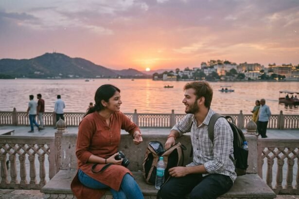एक ट्रैवलर और स्थानीय व्यक्ति चाय पीते हुए और एक-दूसरे के साथ मुस्कुराते हुए। (A traveler and local person drinking tea and smiling together.)