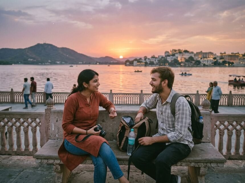 एक ट्रैवलर और स्थानीय व्यक्ति चाय पीते हुए और एक-दूसरे के साथ मुस्कुराते हुए। (A traveler and local person drinking tea and smiling together.)