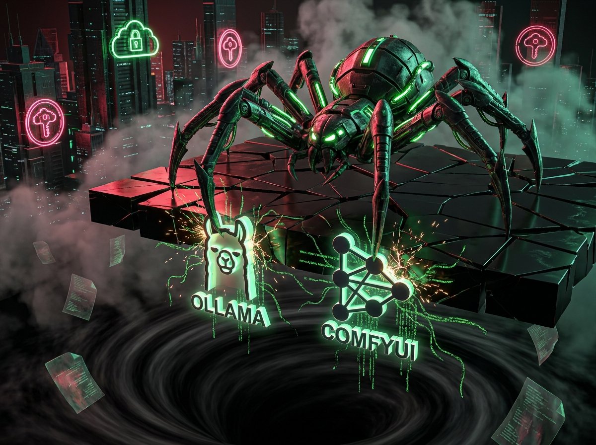 A glowing cyber network depicting a botnet infiltrating popular AI tools like Ollama and ComfyUI