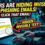 A magnifying glass hovering over an email, revealing hidden malicious code buried beneath seemingly normal, invisible text.
