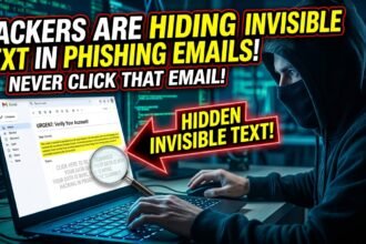 A magnifying glass hovering over an email, revealing hidden malicious code buried beneath seemingly normal, invisible text.